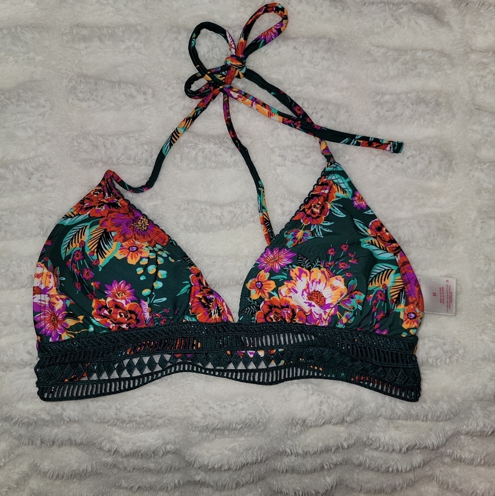Xhilaration Dark Green Floral Bikini Top